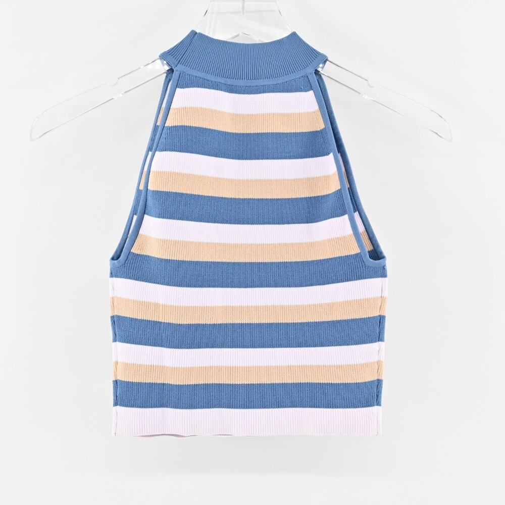 ARITZIA Top Sz XS Babaton Sculpt Knit Halter Flax Beige Flagstone Blue Stripe‎ - Picture 4 of 11